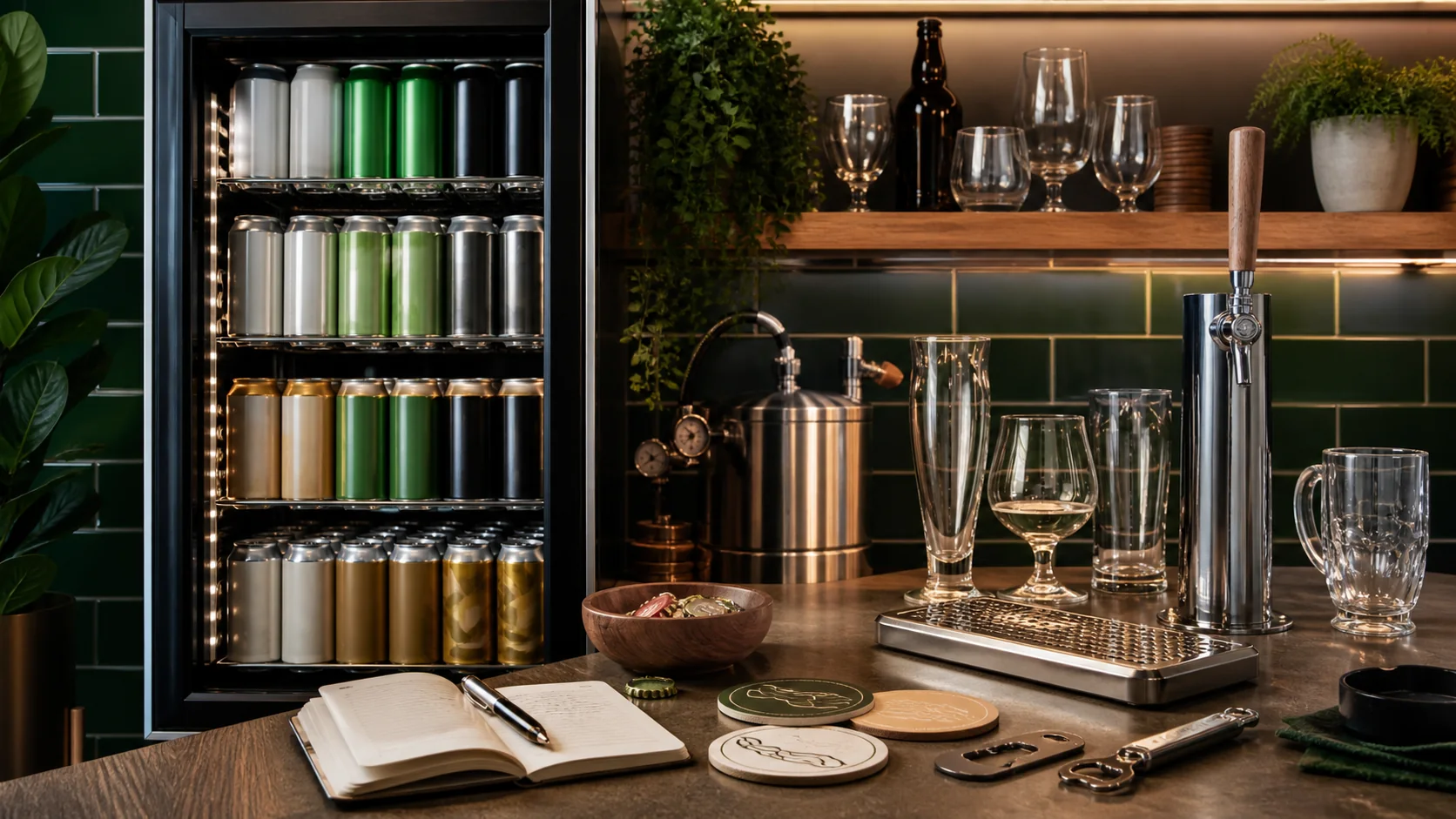 A compact home bar with beer fridge, tap, glasses, openers, and tasting notebook.